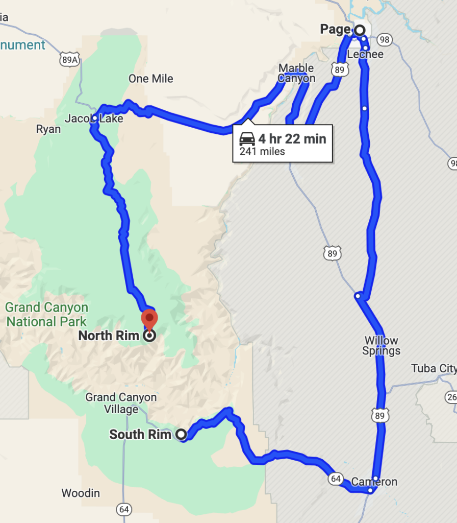Map showing distance from North Rim to South Rim of the Grand Canyon